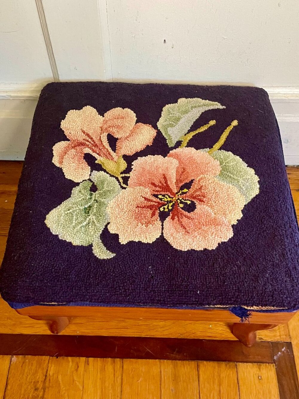 VTG Blue Embroidered Flowers Foot Stool Cottage Core Grand Millienial